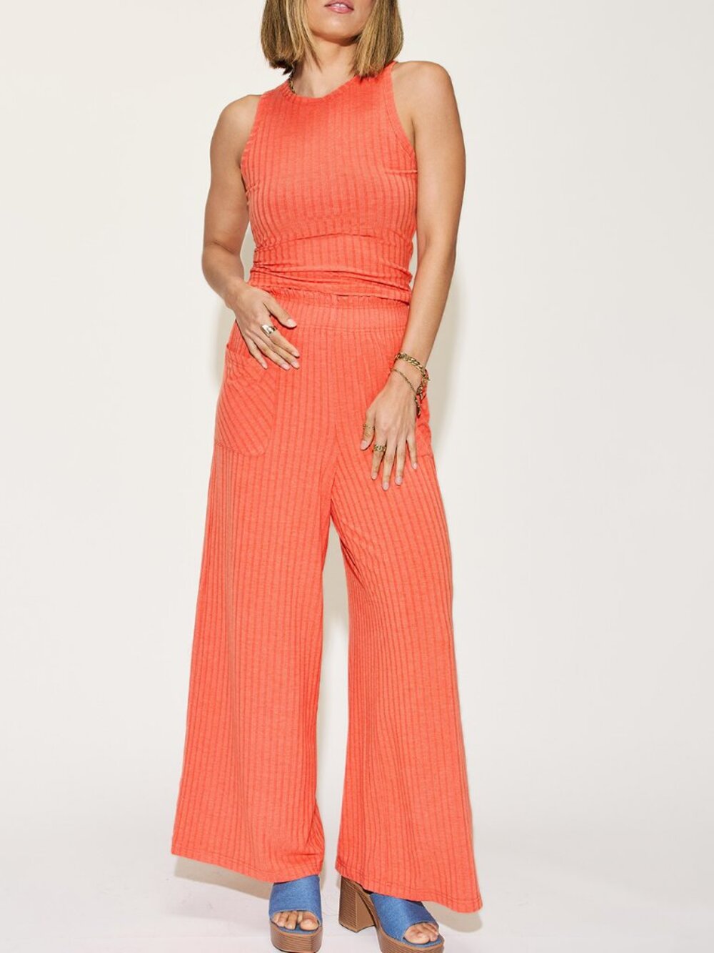 Full Size Ribbed Tank and Wide Leg Pants Set